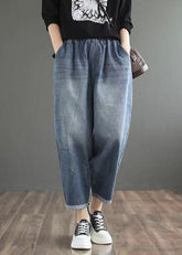 Feine blaue elastische Taillentaschen Lässige Haremshose aus Denim